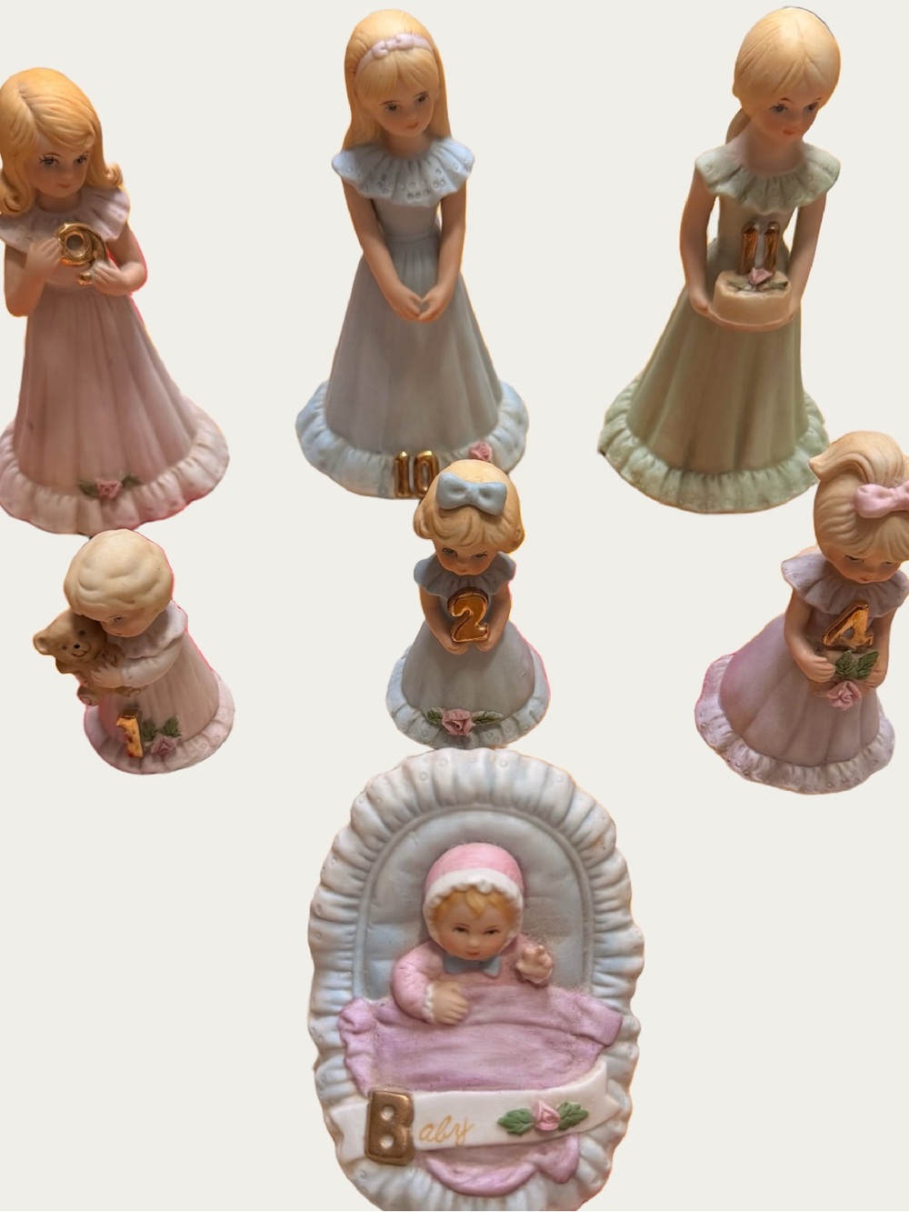 Vtg 1981+ Enesco 7pc Growing Up Birthday Dress Girls Porcelain Figurines